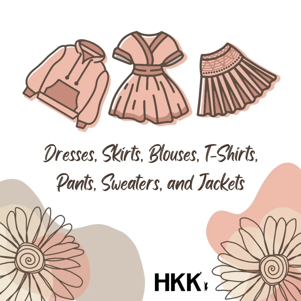 Dresses, Skirts, Blouses, T-Shirts, Pants, Sweaters, and Jackets